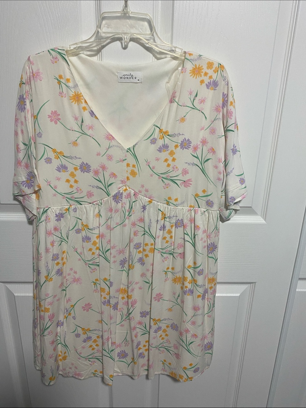 Emily Wonder Floral V-Neck Babydoll Top - Cream with Pastel Floral Print